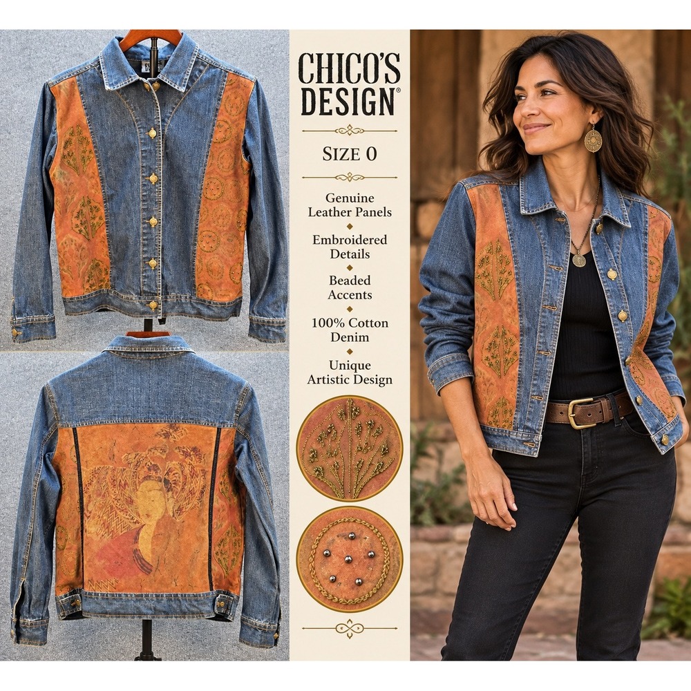 Chico's Design Denim Jacket Womens Leather Beaded Blue Size 0 Excellent Boho